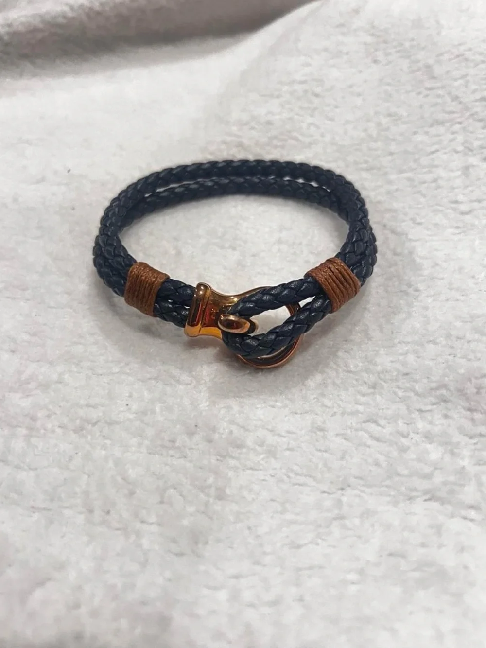 Source Unknown Navy Braided Leather Bracelet with Gold Hook and Brown Wraps